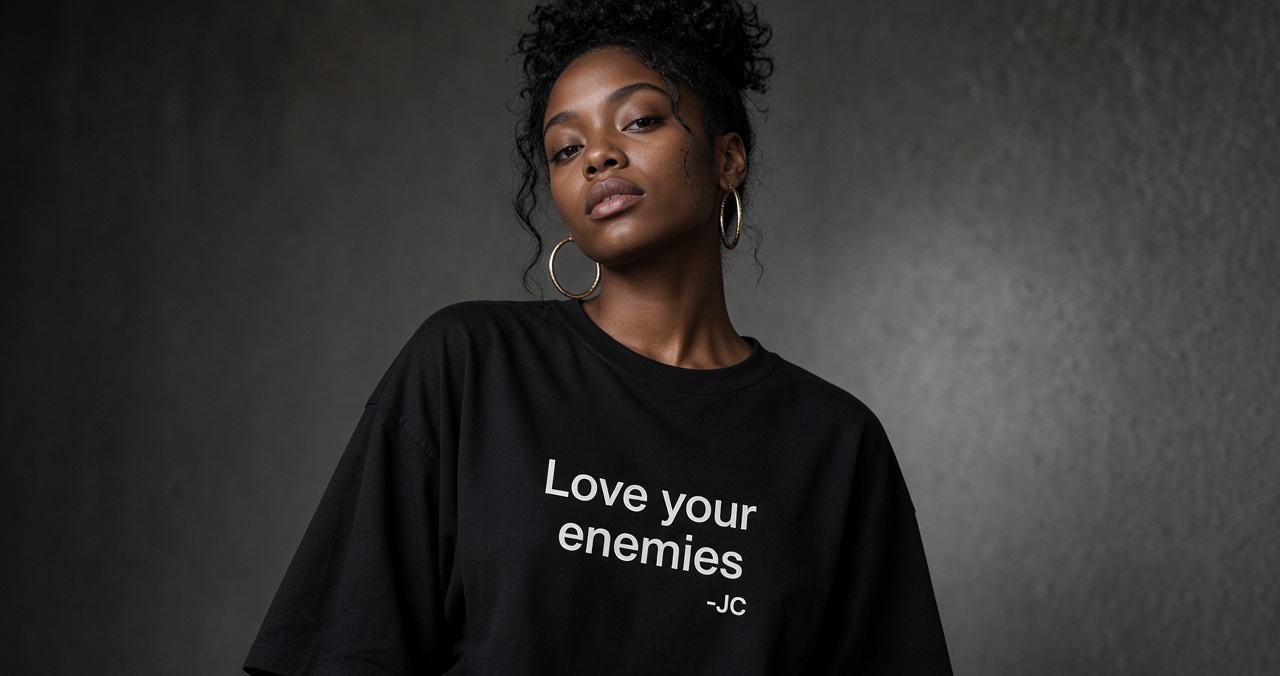 Model wearing the black Quotables 1:1 Love your enemies tee